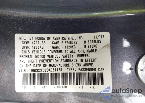 2013 Honda Accord Lx из США, поврежденный, VIN 1HGCR2F32DA061478